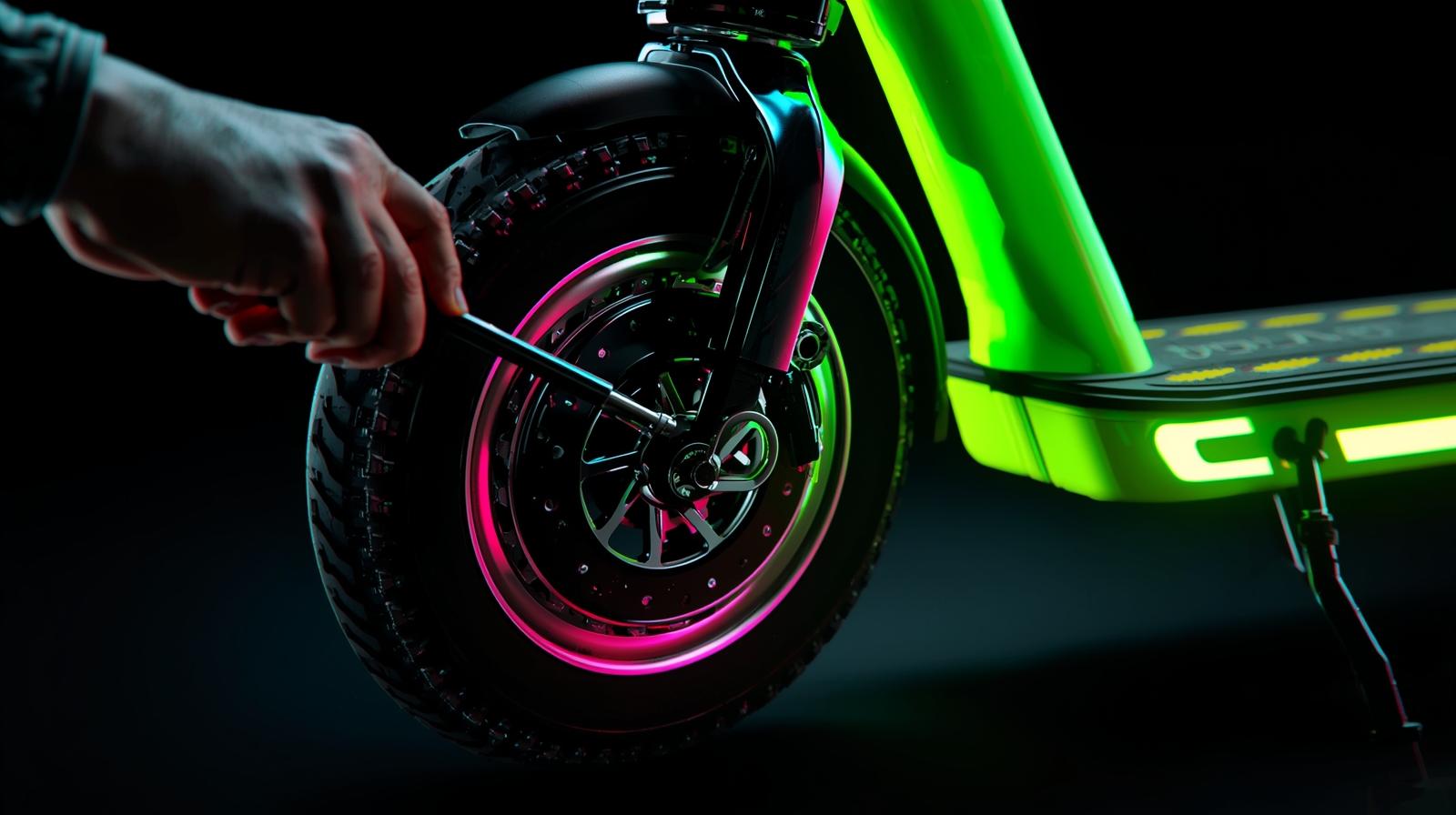 e-roller repair with screwdiver, domináns a neon zöld neon sárga neon pink színek sötét háttéren, egy kéz a roller gumit cseréli